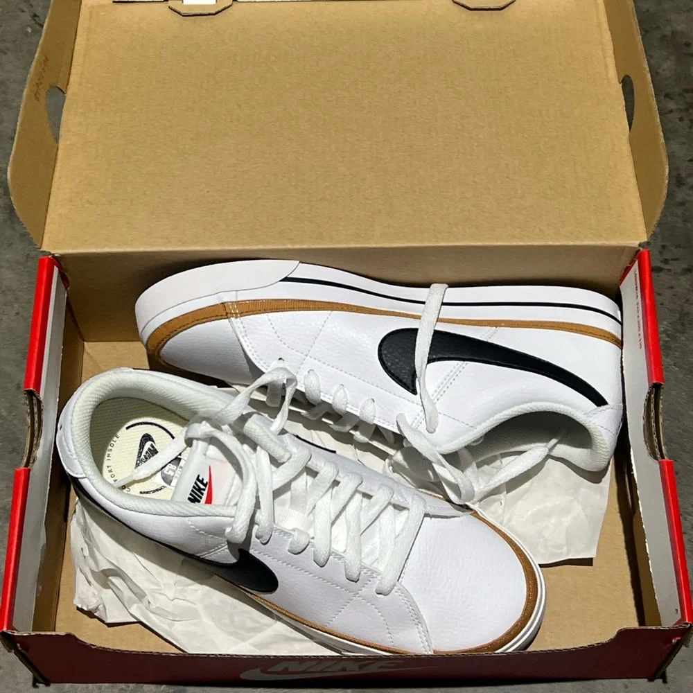 Nike Court Legacy White Low-Top Sneakers with Black Swoosh and Tan Stripe - Picture 2 of 3